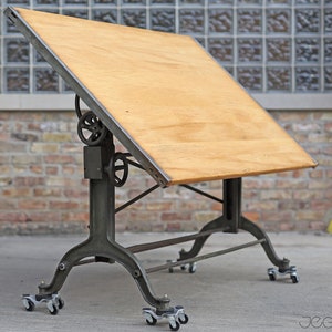 massive vintage drafting table by Frederick Post Co. cast iron base, rare, value-retaining tilting industrial desk, restored &revived top image 6