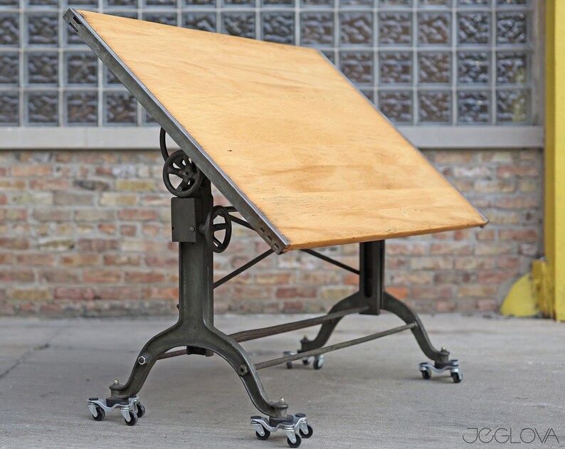 massive vintage drafting table by Frederick Post Co. cast iron base, rare, value-retaining tilting industrial desk, restored &revived top image 6