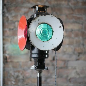 vintage railroad lamp on cast iron dressform base, vintage industrial steampunk floor lamp image 2