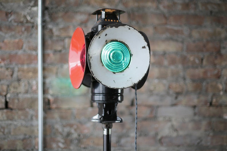 vintage railroad lamp on cast iron dressform base, vintage industrial steampunk floor lamp image 2