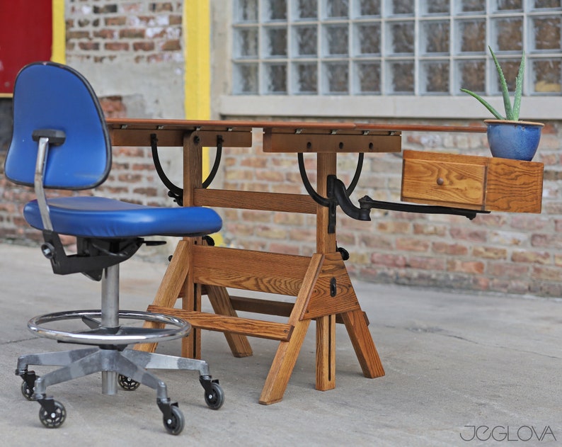 restored vintage drafting table by Hamilton Mfg., scalable standing or sitting desk with a swing-out drawer image 10