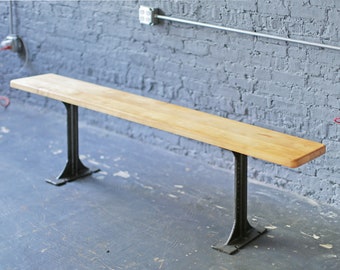 massive vintage industrial maple top bench on cast iron legs by Pollard Brothers Mfg of Chicago, IL