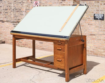 vintage Hamilton drafting table with extra storage, work desk with drawers