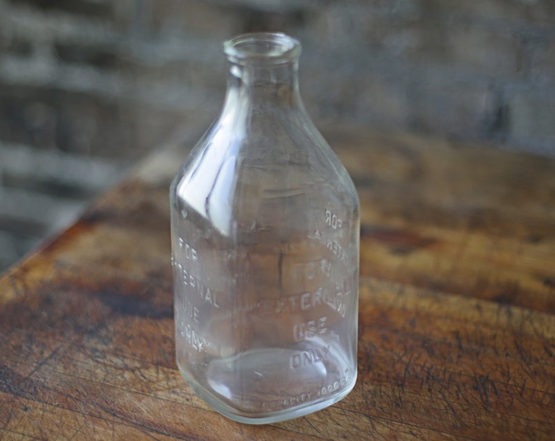 vintage medicinal druggist glass bottle for external use only, unique flower vase, antique, vintage industrial storage image 3