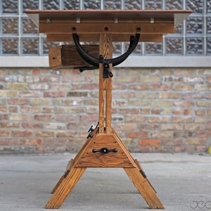 restored vintage drafting table by Hamilton Mfg., scalable standing or sitting desk with a swing-out drawer image 3