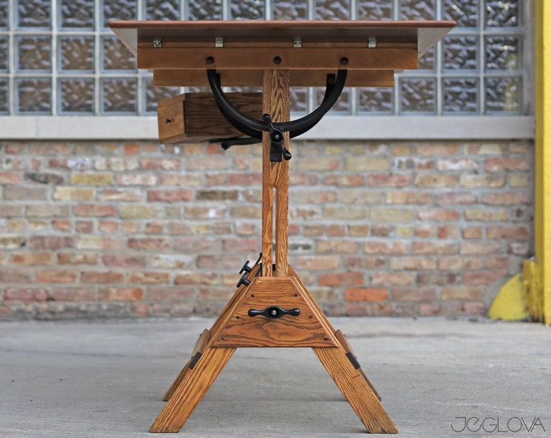 restored vintage drafting table by Hamilton Mfg., scalable standing or sitting desk with a swing-out drawer image 3