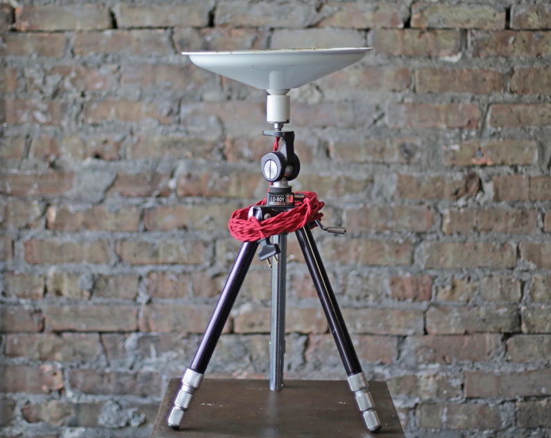 vintage tripod repurposed into scalable floor or desk lamp, vintage retro lighting image 8
