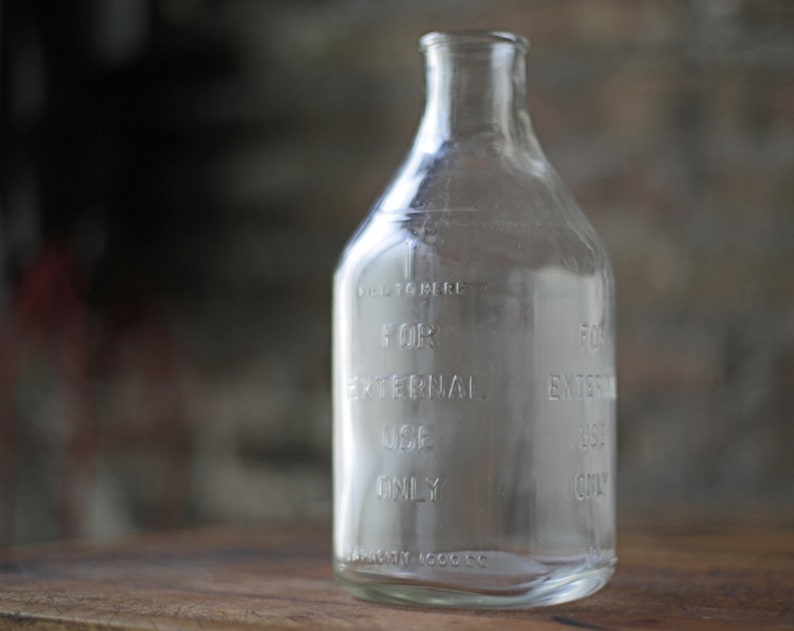 vintage medicinal druggist glass bottle for external use only, unique flower vase, antique, vintage industrial storage image 2