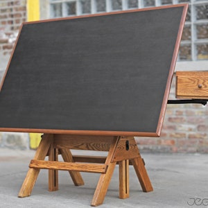 restored vintage drafting table by Hamilton Mfg., scalable standing or sitting desk with a swing-out drawer image 7