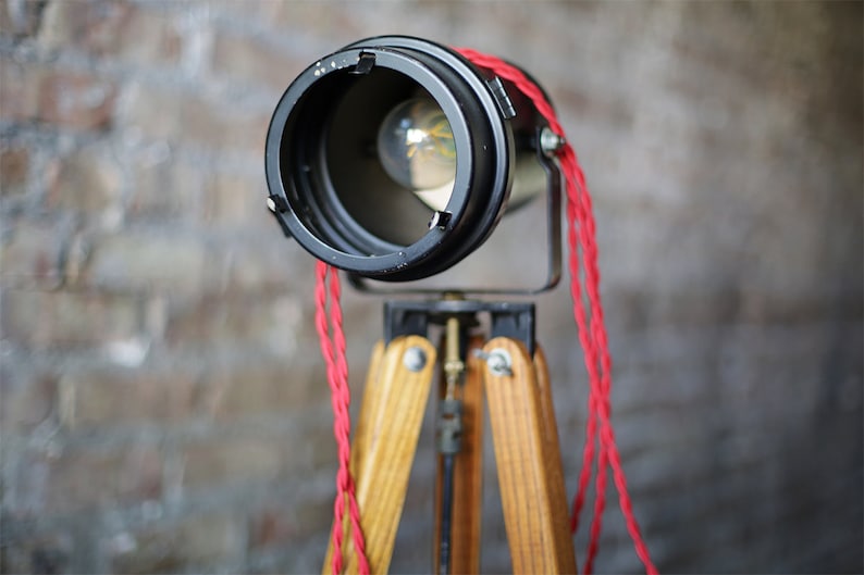 unique vintage industrial floor lamp: repurposed projector and surveying tripod image 1