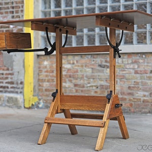 restored vintage drafting table by Hamilton Mfg., scalable standing or sitting desk with a swing-out drawer image 2