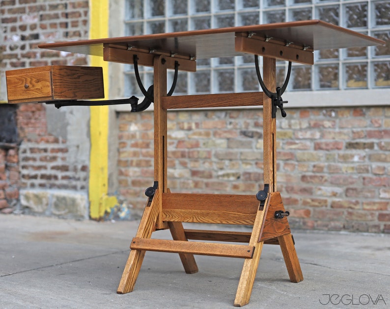 restored vintage drafting table by Hamilton Mfg., scalable standing or sitting desk with a swing-out drawer image 2