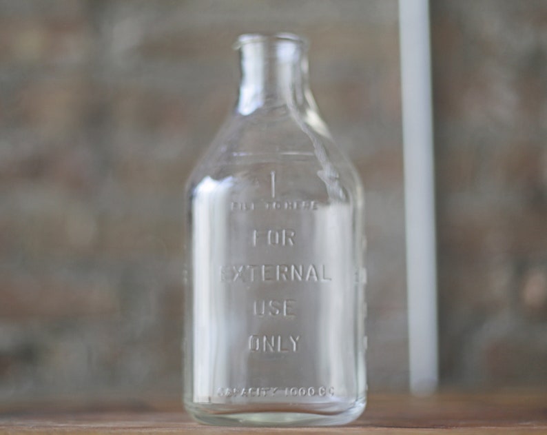 vintage medicinal druggist glass bottle for external use only, unique flower vase, antique, vintage industrial storage image 9