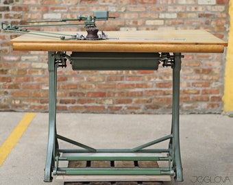 ultra-rare fully functional restored vintage industrial Kuhlman drafting table completed with drawing arm, made in Germany