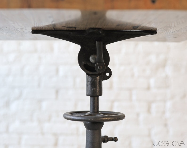 one-of-a-kind sitting or standing desk with cast iron base and custom-made upcycled top image 7
