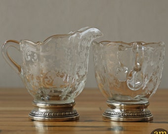 vintage cream and sugar set — thick glass, sterling silver