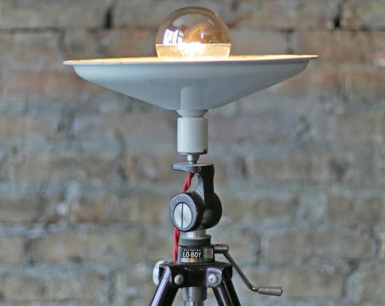 vintage tripod repurposed into scalable floor or desk lamp, vintage retro lighting image 6