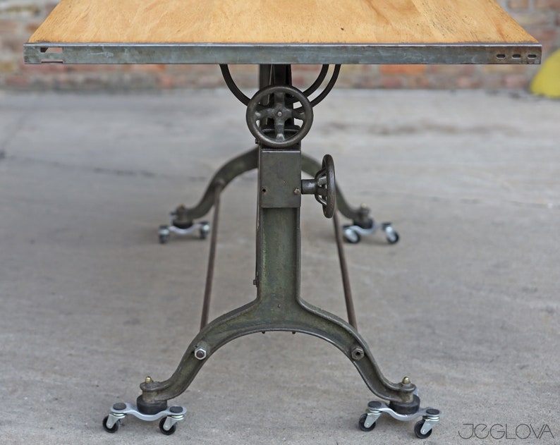 massive vintage drafting table by Frederick Post Co. cast iron base, rare, value-retaining tilting industrial desk, restored &revived top image 7