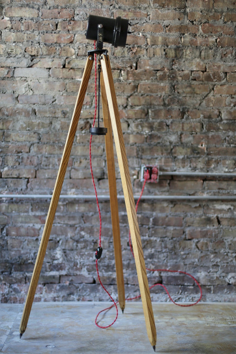 unique vintage industrial floor lamp: repurposed projector and surveying tripod image 3