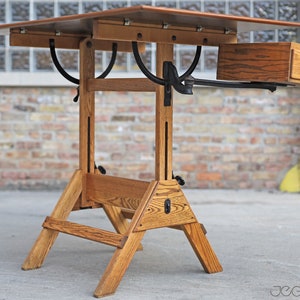 restored vintage drafting table by Hamilton Mfg., scalable standing or sitting desk with a swing-out drawer image 5