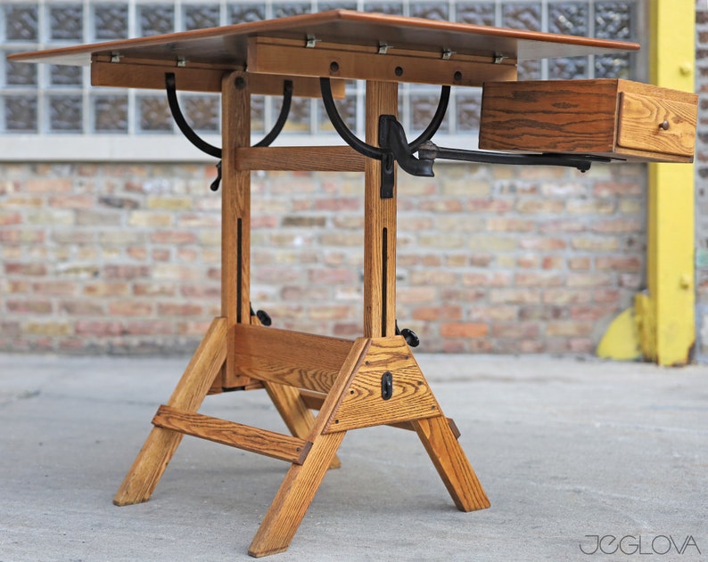 restored vintage drafting table by Hamilton Mfg., scalable standing or sitting desk with a swing-out drawer image 5