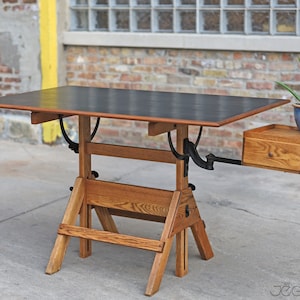 restored vintage drafting table by Hamilton Mfg., scalable standing or sitting desk with a swing-out drawer image 9