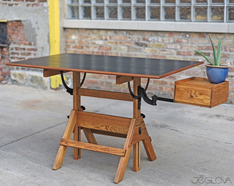 restored vintage drafting table by Hamilton Mfg., scalable standing or sitting desk with a swing-out drawer image 9