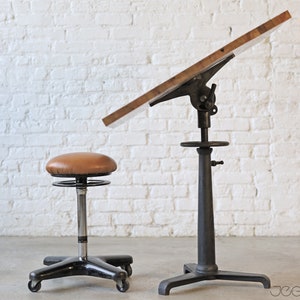 one-of-a-kind sitting or standing desk with cast iron base and custom-made upcycled top image 5