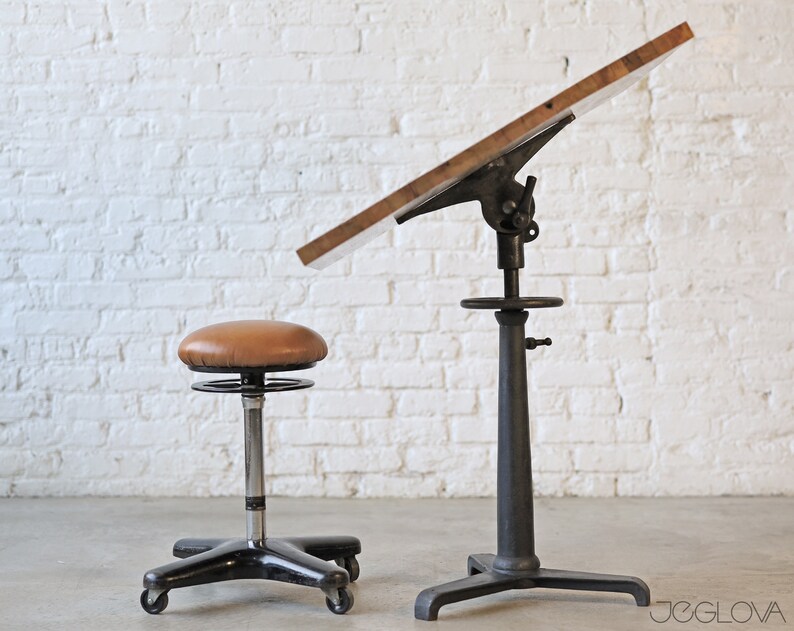 one-of-a-kind sitting or standing desk with cast iron base and custom-made upcycled top image 5