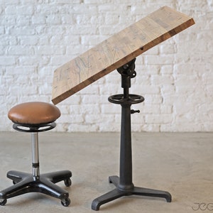 one-of-a-kind sitting or standing desk with cast iron base and custom-made upcycled top image 4