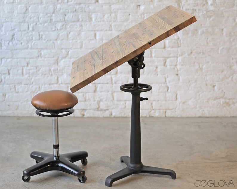 one-of-a-kind sitting or standing desk with cast iron base and custom-made upcycled top image 4