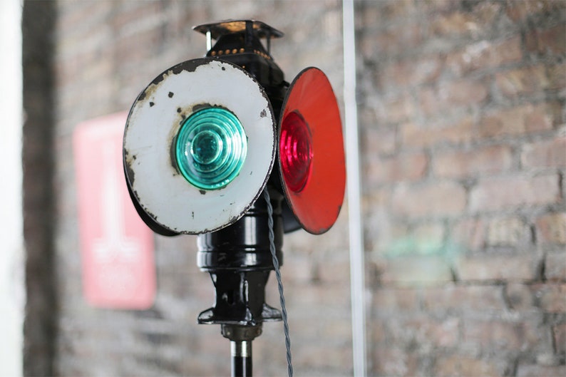 vintage railroad lamp on cast iron dressform base, vintage industrial steampunk floor lamp image 1