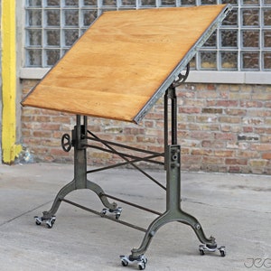 massive vintage drafting table by Frederick Post Co. cast iron base, rare, value-retaining tilting industrial desk, restored &revived top image 4