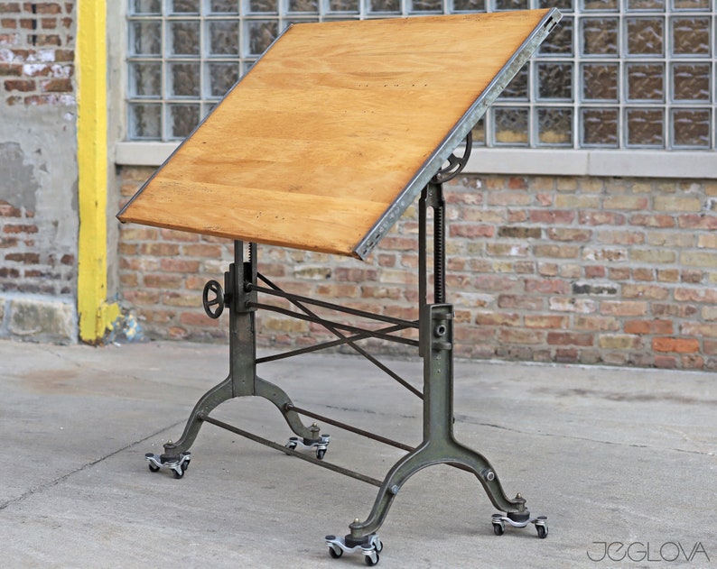 massive vintage drafting table by Frederick Post Co. cast iron base, rare, value-retaining tilting industrial desk, restored &revived top image 4