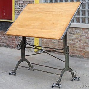 massive vintage drafting table by Frederick Post Co. cast iron base, rare, value-retaining tilting industrial desk, restored &revived top image 1