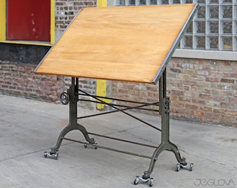 massive vintage drafting table by Frederick Post Co. – cast iron base, rare, value-retaining tilting industrial desk, restored &revived top