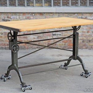 massive vintage drafting table by Frederick Post Co. cast iron base, rare, value-retaining tilting industrial desk, restored &revived top image 10