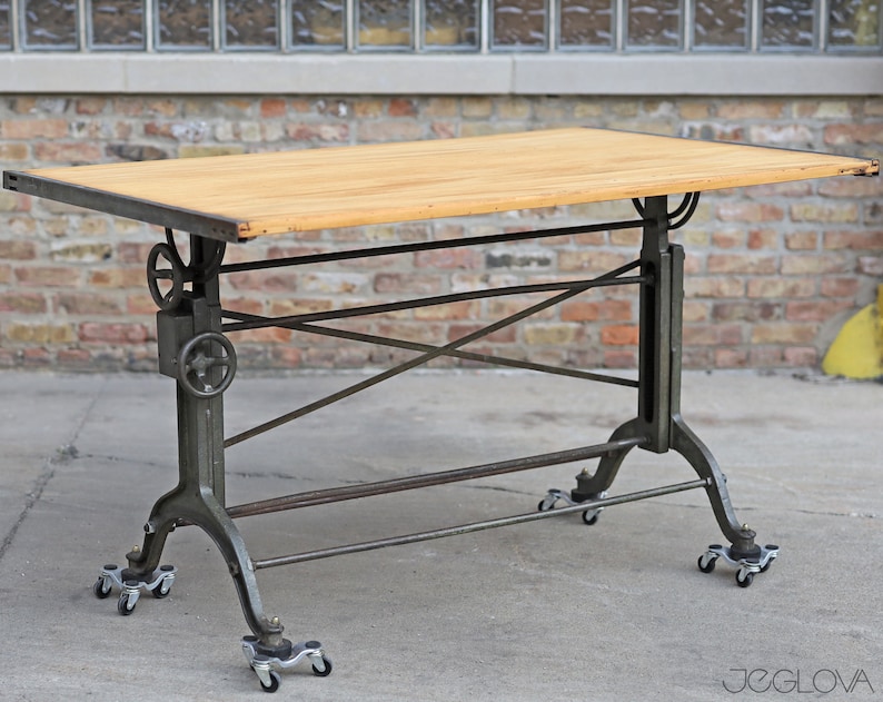 massive vintage drafting table by Frederick Post Co. cast iron base, rare, value-retaining tilting industrial desk, restored &revived top image 10