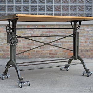 massive vintage drafting table by Frederick Post Co. cast iron base, rare, value-retaining tilting industrial desk, restored &revived top image 5