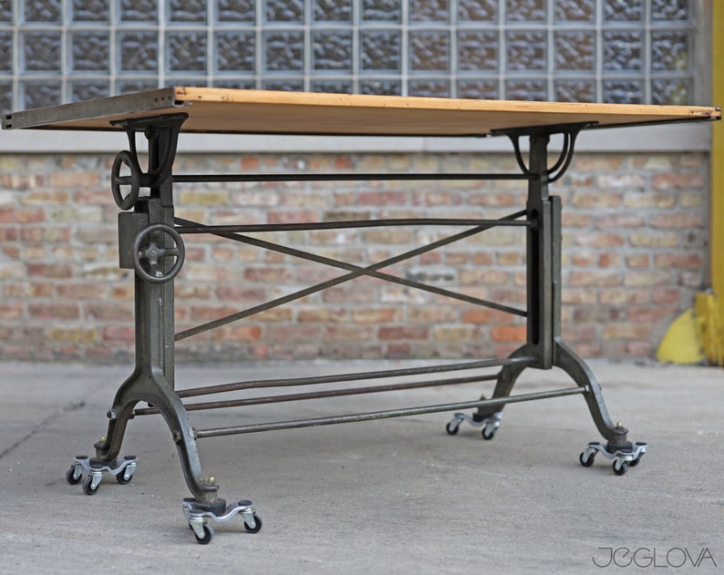 massive vintage drafting table by Frederick Post Co. cast iron base, rare, value-retaining tilting industrial desk, restored &revived top image 5