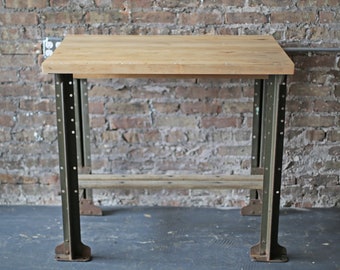 upcycled vintage industrial work table: restored old workbench butcher block on Lyons Industrial legs