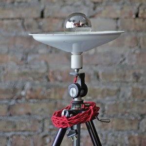 vintage tripod repurposed into scalable floor or desk lamp, vintage retro lighting image 9