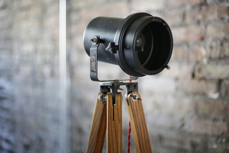 unique vintage industrial floor lamp: repurposed projector and surveying tripod image 8