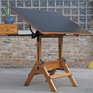 restored vintage drafting table by Hamilton Mfg., scalable standing or sitting desk with a swing-out drawer image 1