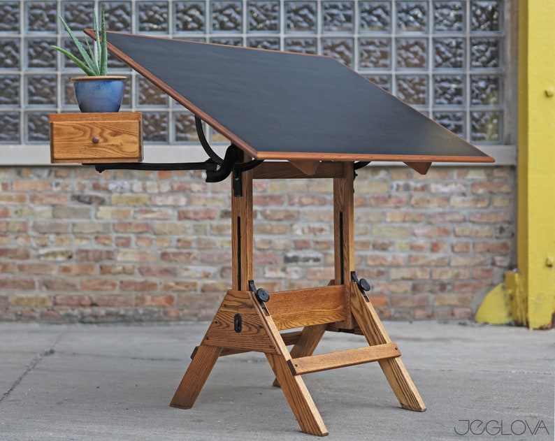 restored vintage drafting table by Hamilton Mfg., scalable standing or sitting desk with a swing-out drawer image 1