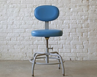 baby blue vintage industrial drafting stools by Cramer, amazingly adjustable desk- or bar-height seating