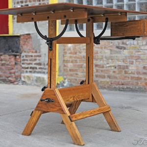 restored vintage drafting table by Hamilton Mfg., scalable standing or sitting desk with a swing-out drawer image 4