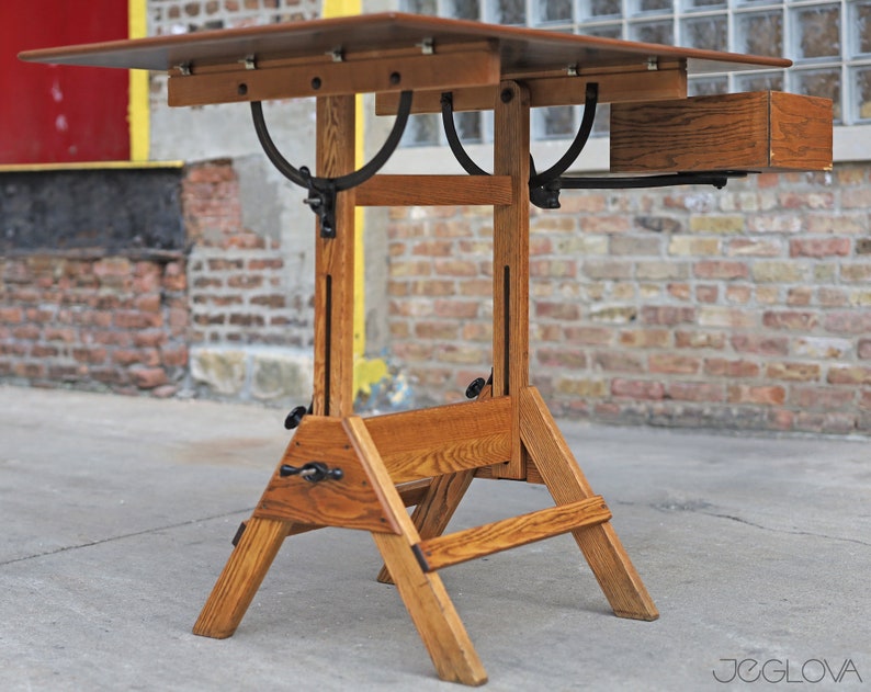 restored vintage drafting table by Hamilton Mfg., scalable standing or sitting desk with a swing-out drawer image 4