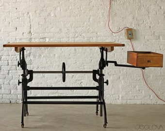 vintage cast iron base drafting table by Hamilton MFG Co –rare, vintage industrial, complete with tool box on swing-out arm and casters