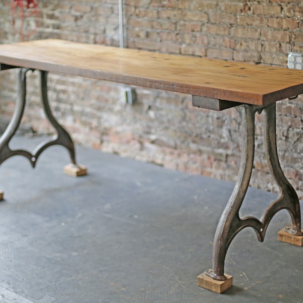 amazing vintage industrial table: solid oak top on factory cast iron legs